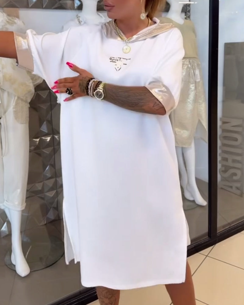 Hooded Solid Color Loose Slit Dress