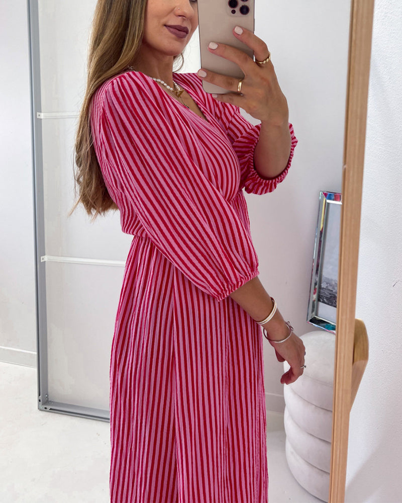 V-neck Lantern Sleeve Striped Dress