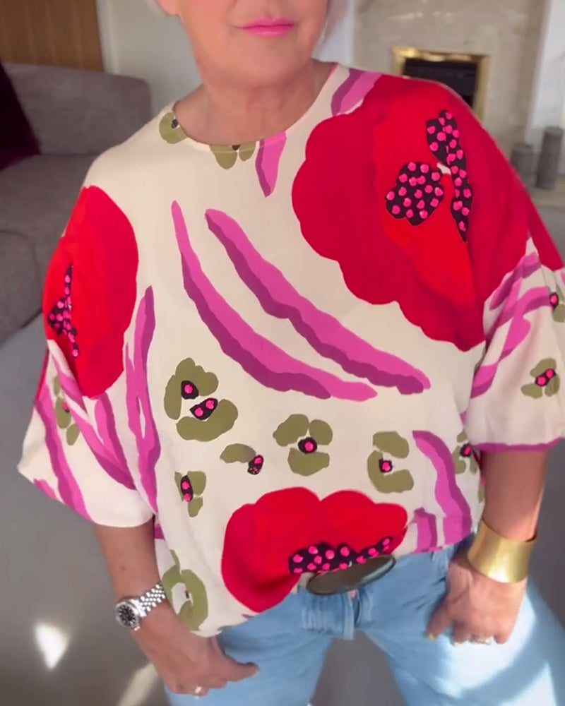Round neck printed half-sleeve casual top