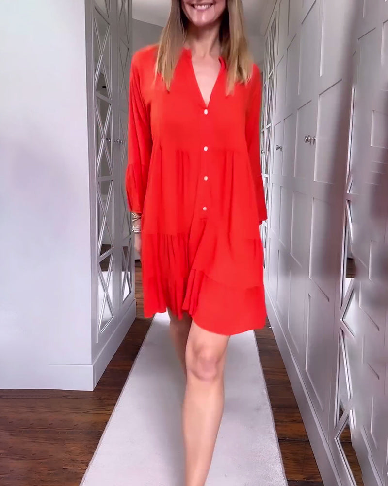 Solid color V-neck flared long-sleeve patchwork dress