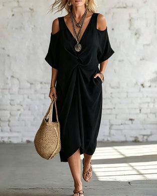 Solid Color Cold Shoulder Shirred Dress