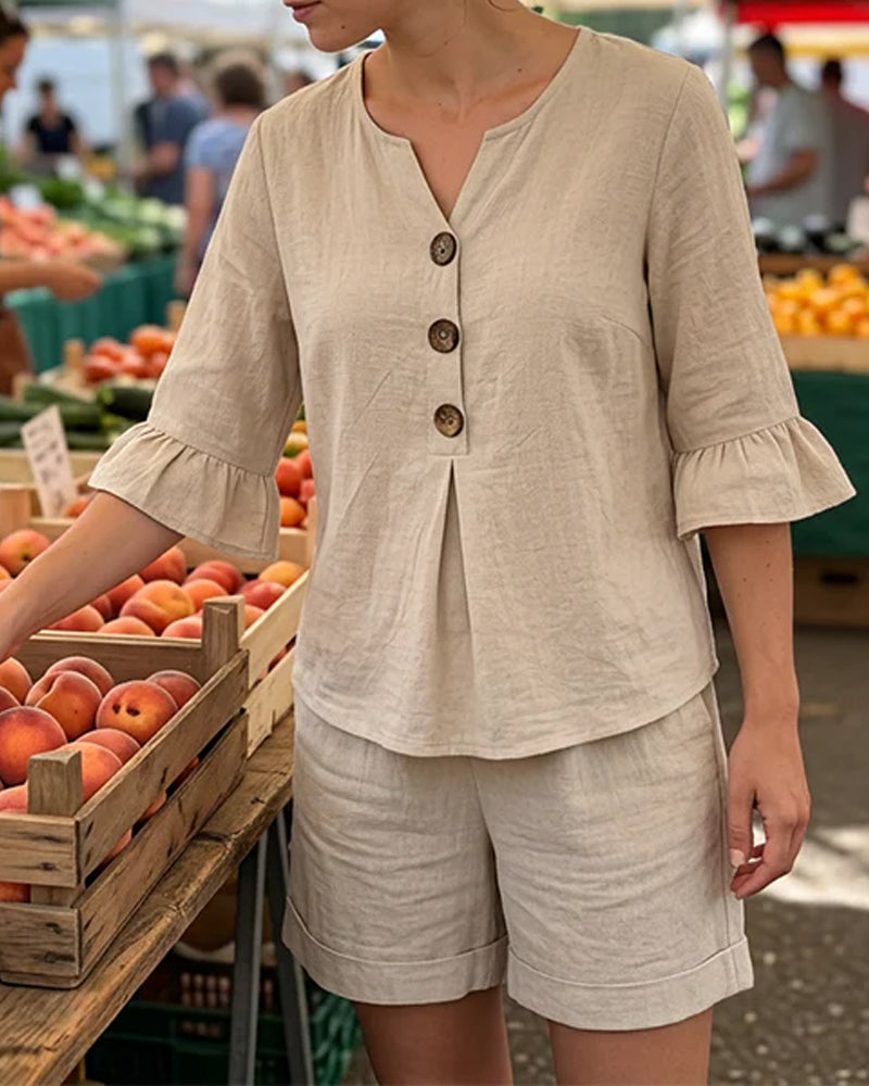 Ruffle Button Short Sleeve Shorts Set
