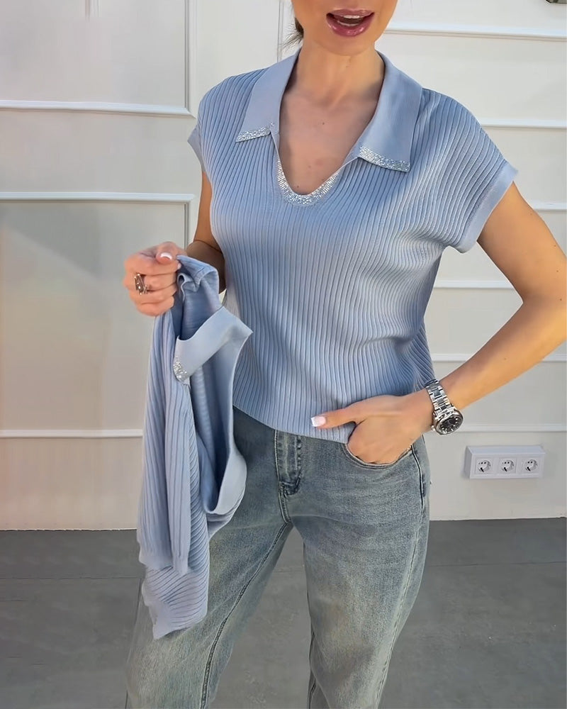 Lapel Solid Short Sleeve Pullover