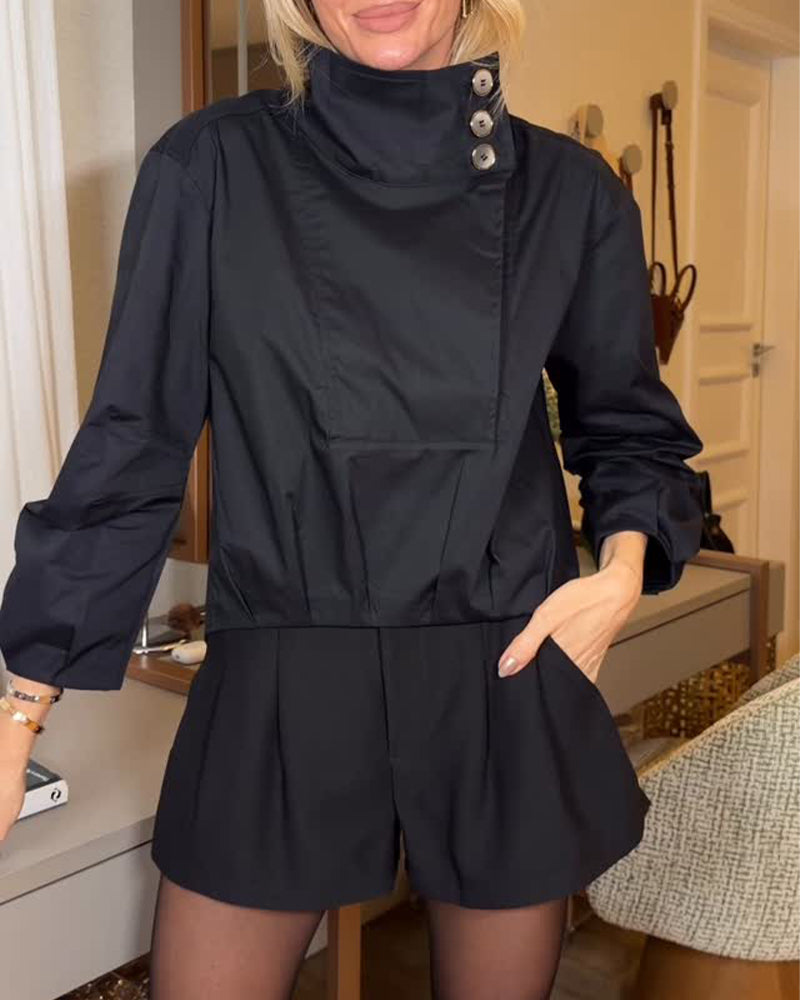 Asymmetrical Stand Collar Diagonal Button Blouse