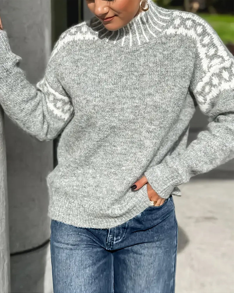 High Neck Patterned Contrast Sweater
