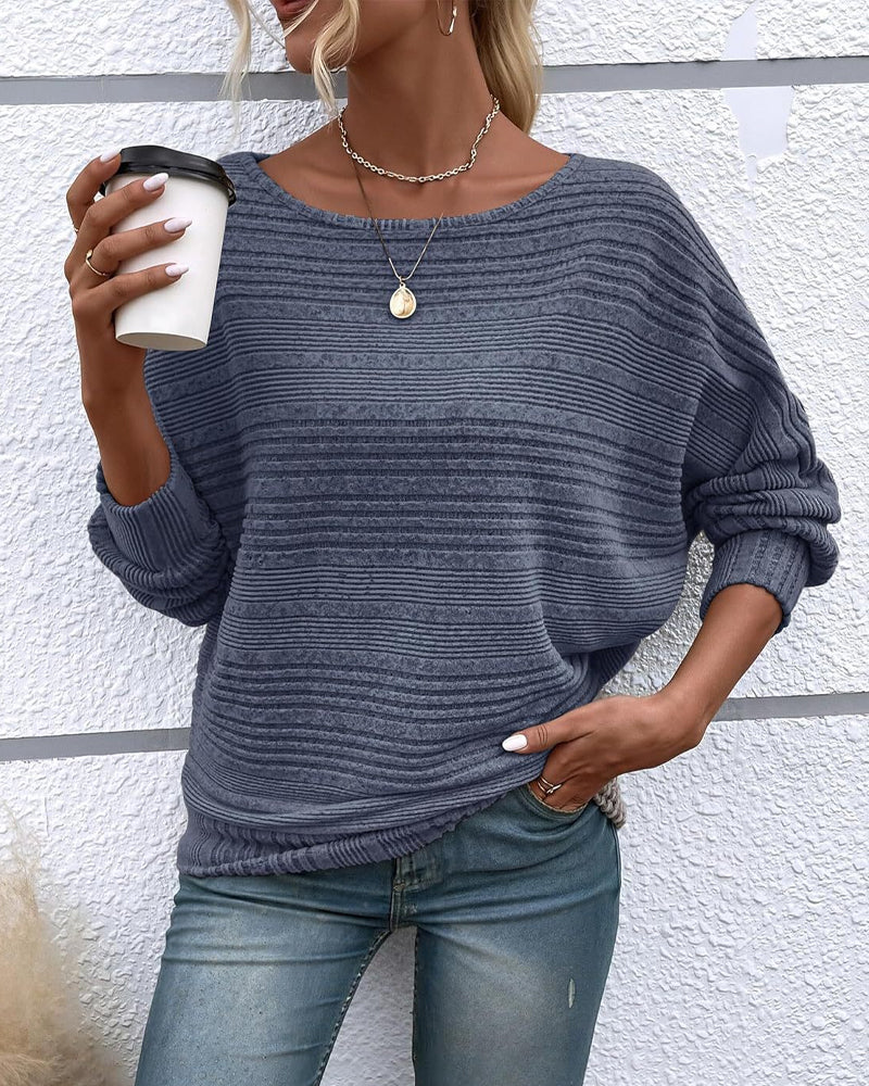 Solid Color Round Neck Long Sleeve Striped Top