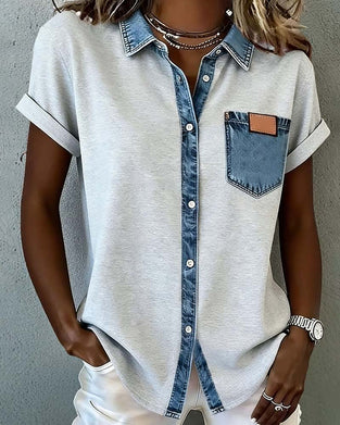 Denim Patchwork Turn-Down Collar T-Shirt