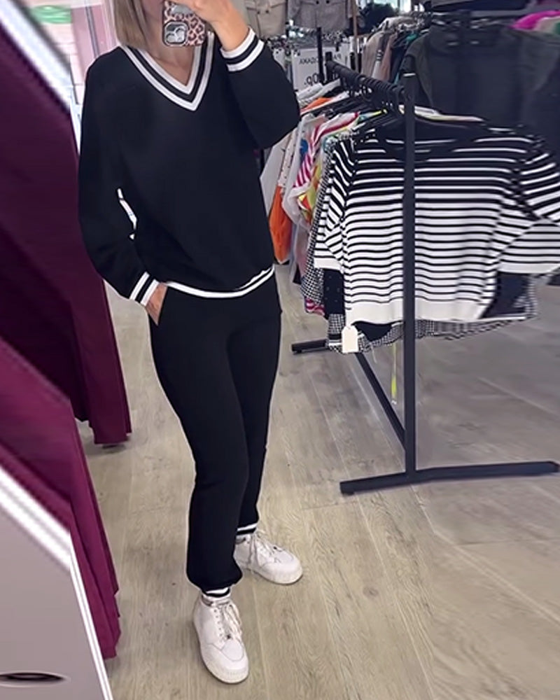 V-neck contrast striped casual suit