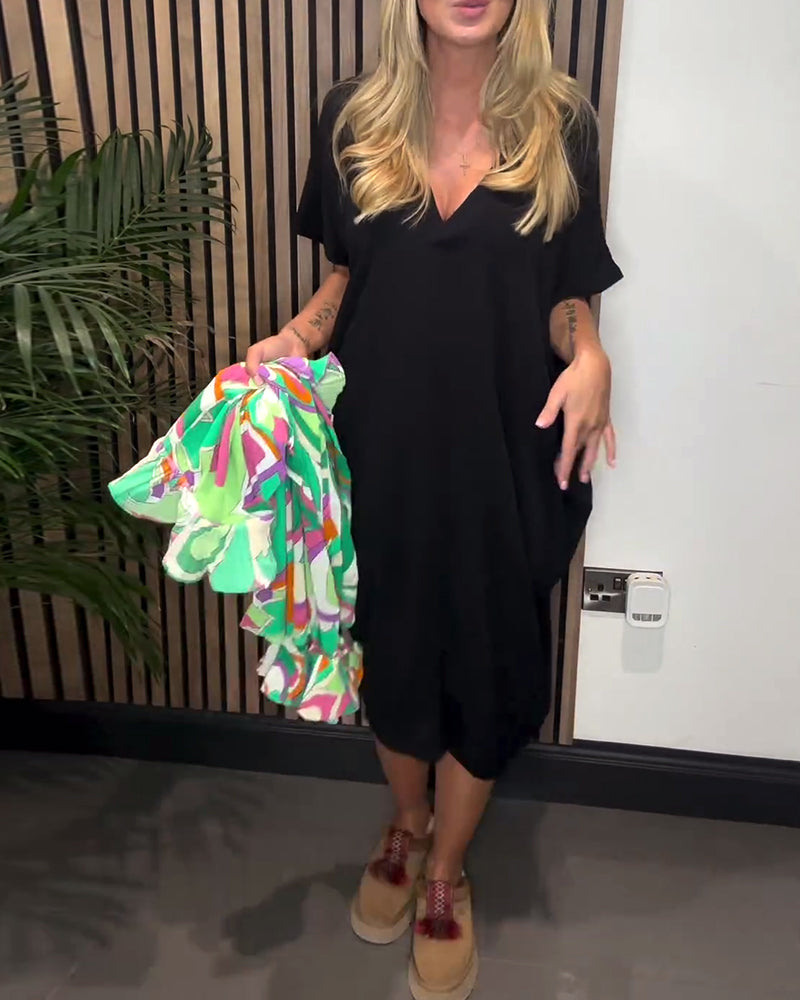 Simple solid color slit V-neck dress