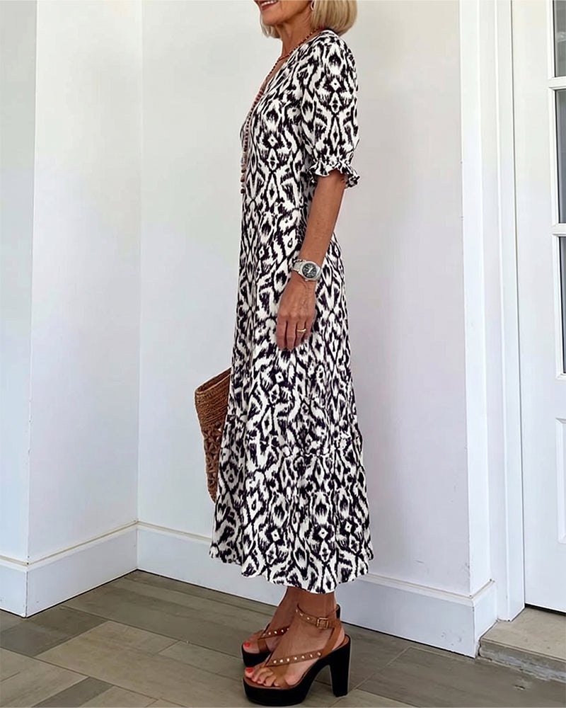 V-Neck Mid-Length Sleeve Ruffle A-Line Dress