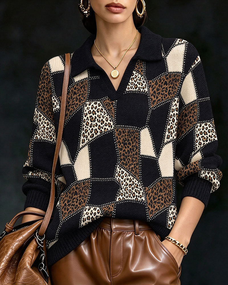 Collared V-neck Leopard Print Color-block Pullover