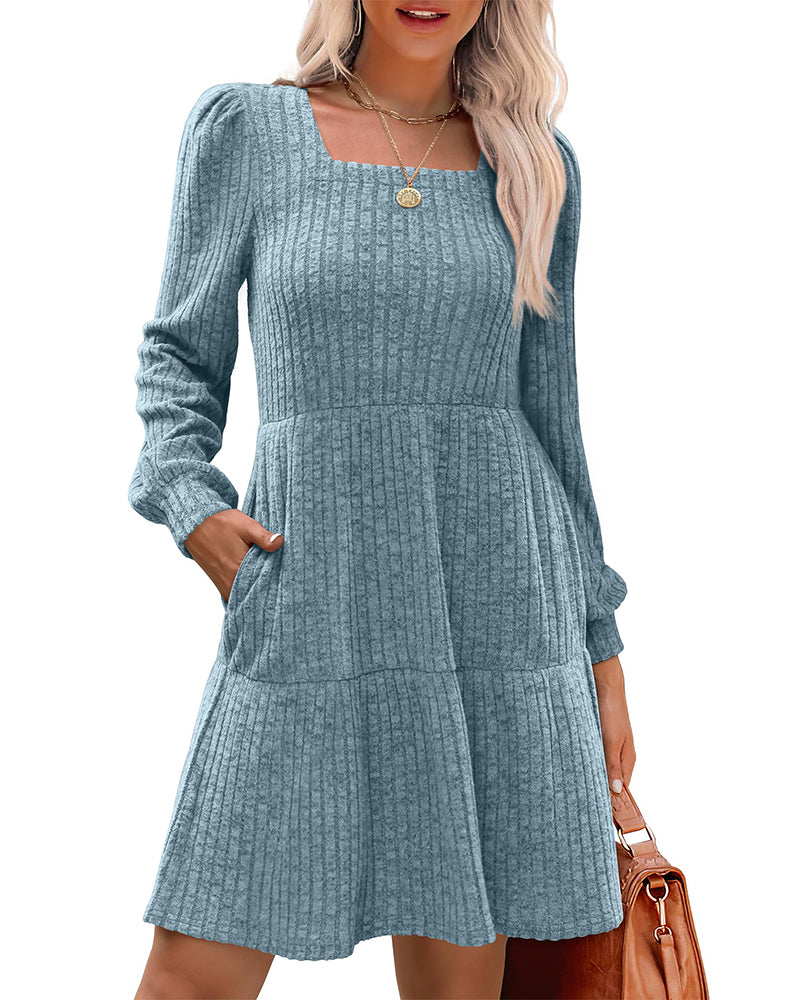 🍂2025 Autumn New Style⏰Women's Square Neck Lantern Sleeve Ribbed Dress
