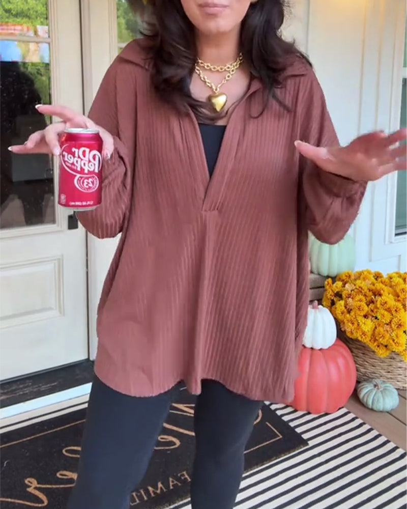 Casual Solid Color V-Neck Loose Long-Sleeved T-Shirt