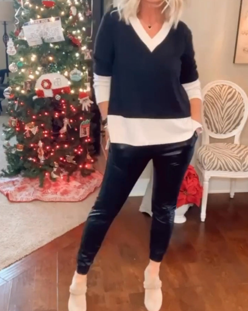 Color block v-neck casual top