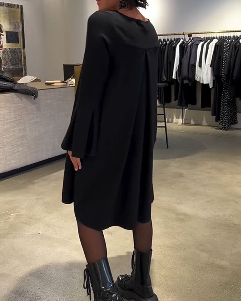 Solid Flare Sleeve Shirred Dress