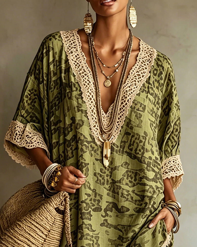 Fringed-Trim V-Neck Resort Cover-Up Dress