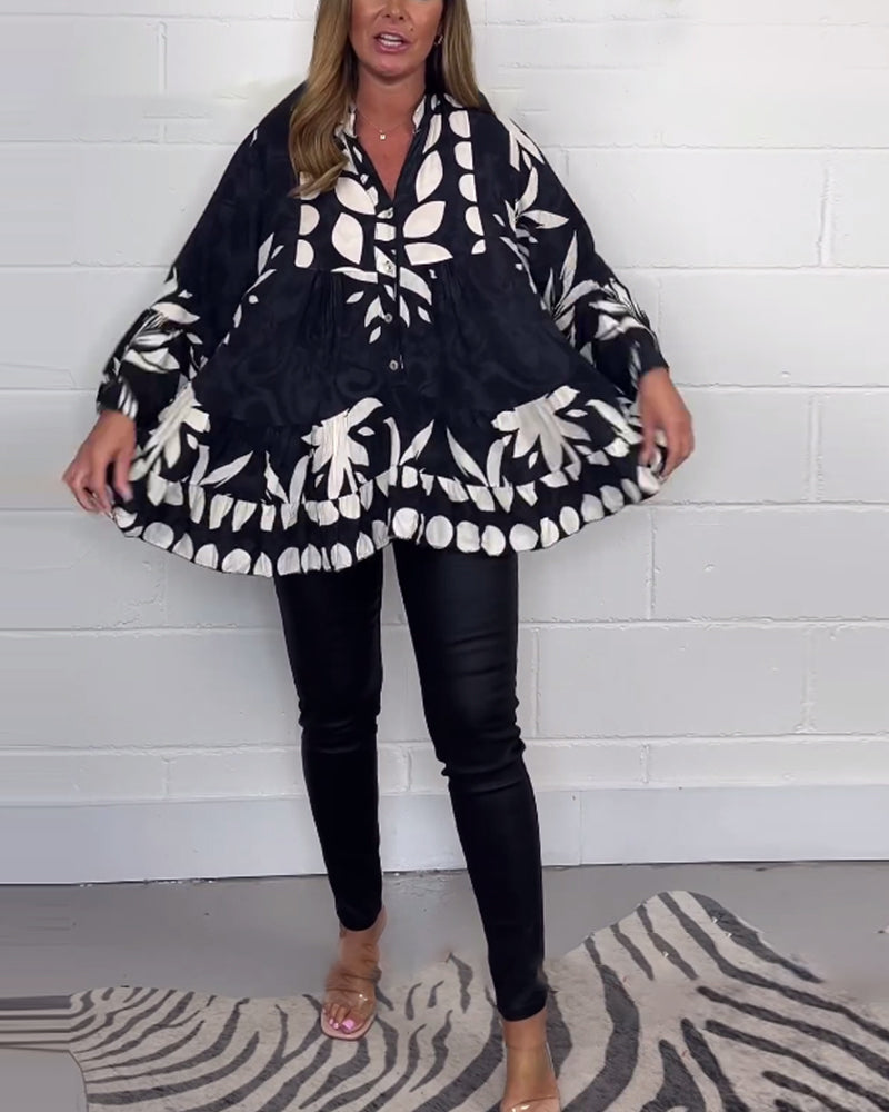 Printed button bell sleeve blouse