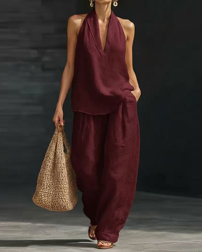 Linen Halter Neck Sleeveless Wide-Leg Pants Set