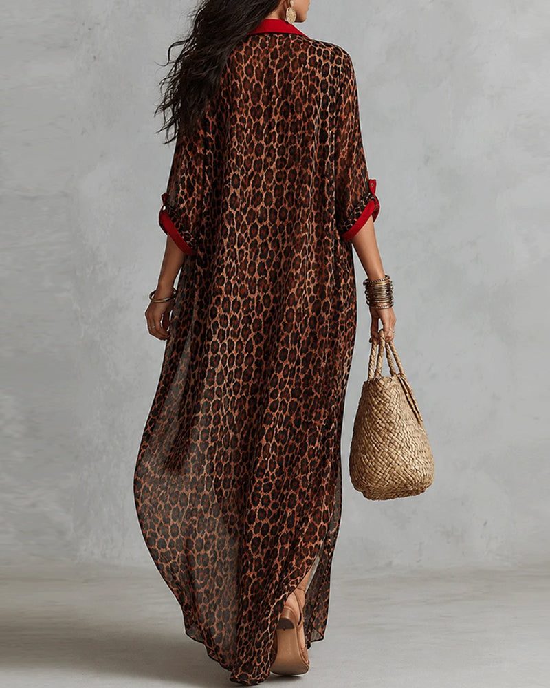 Lapel Leopard Color-Block Dress