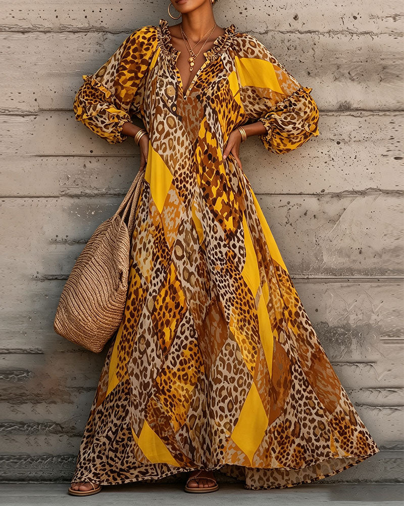 Leopard Color Block Ruffle V-Neck Dress