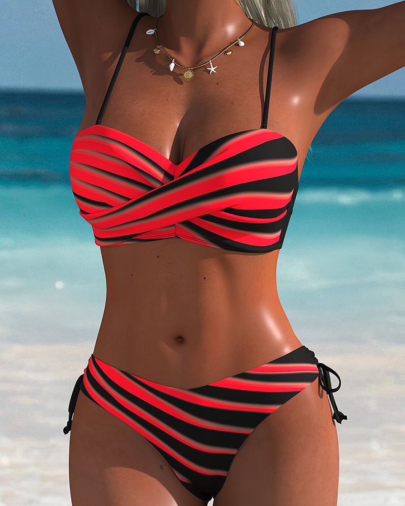 Cross-Pleat Striped Bikini