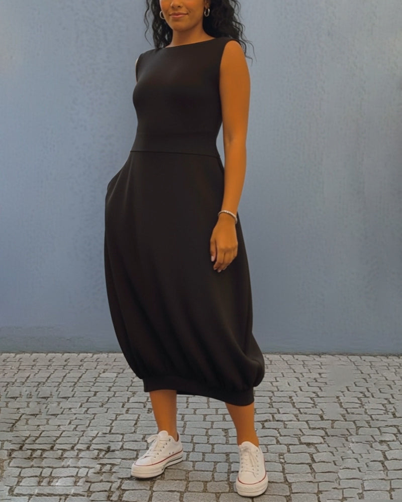 Sleeveless Solid-Color Lantern Dress