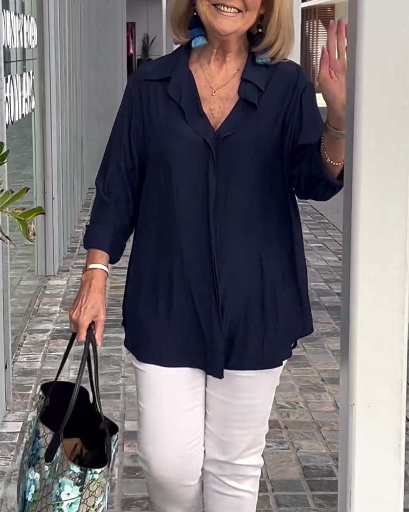 Lapel solid color loose blouse