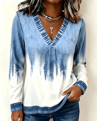 Tie-Dye Printed V-Neck Long-Sleeved Top
