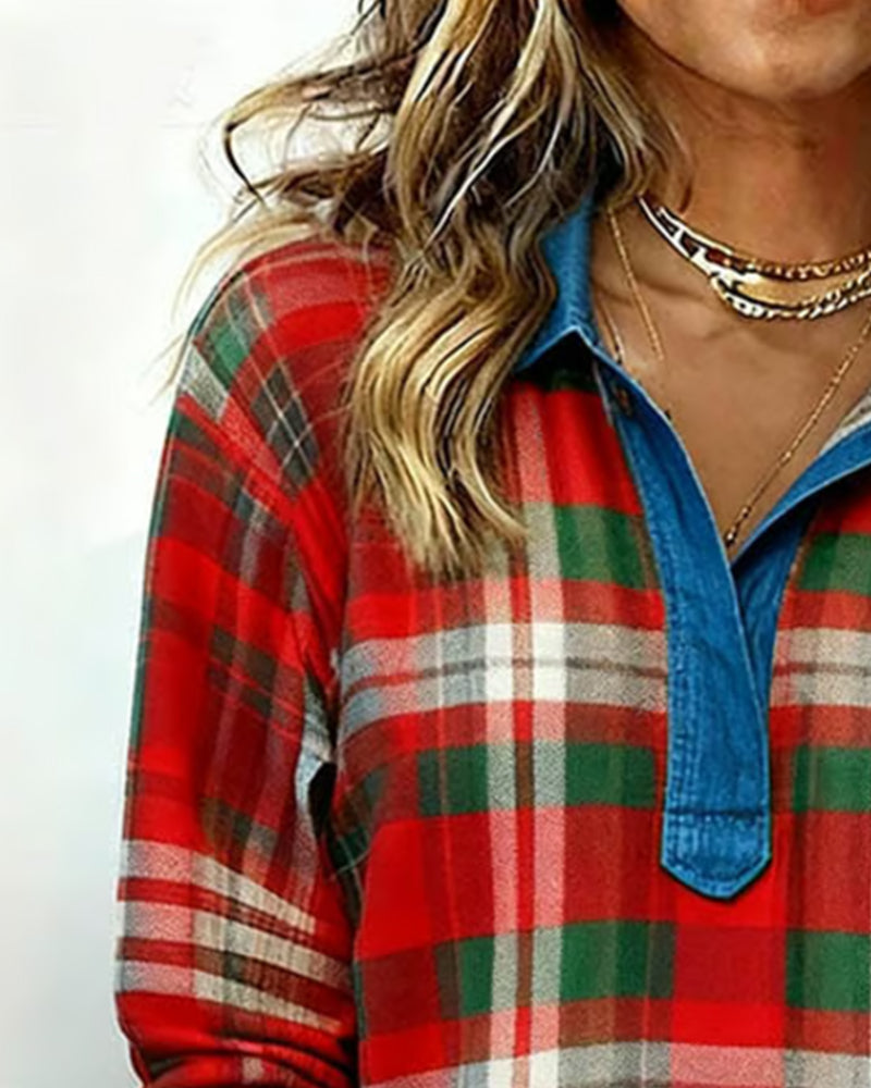 Plaid Denim Patchwork Sweatshirt