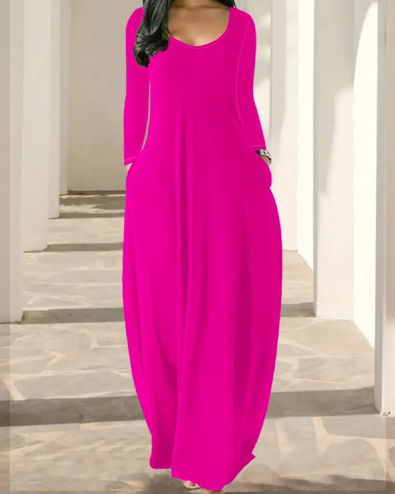 Crew-Neck Pocket Full-Skirt Long-Sleeve Dress