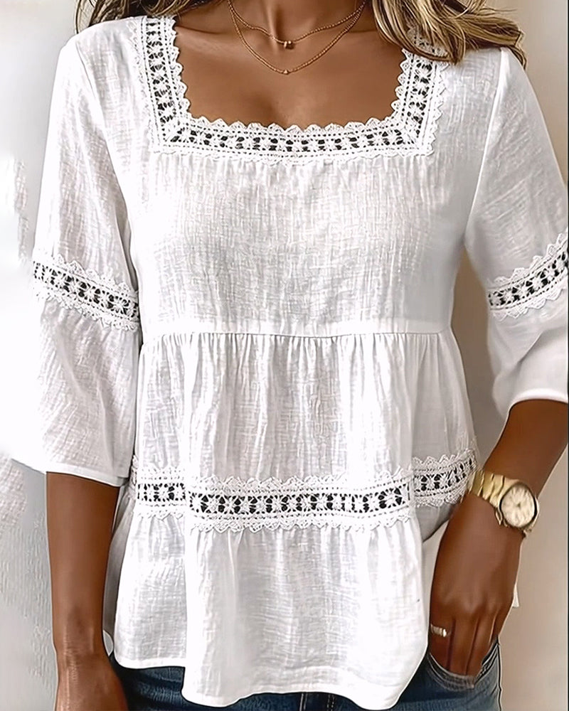 Short-Sleeve Lace-Paneled Square-Neck Blouse