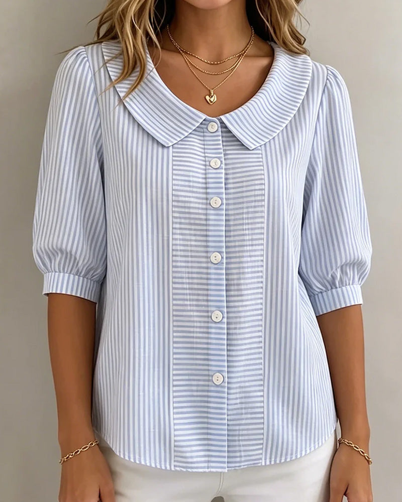 Peter Pan Collar Lantern Sleeve Striped Blouse