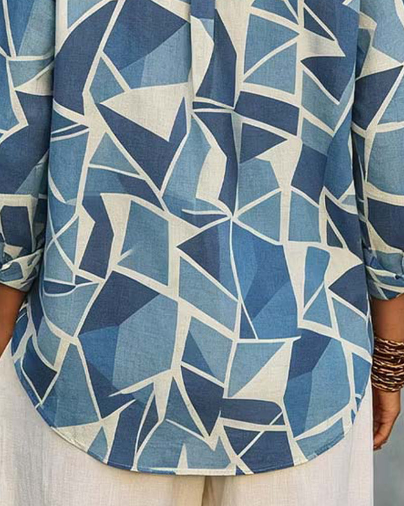 Geometric Print Collar Long Sleeve Blouse