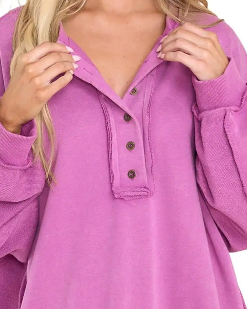 Button Irregular Solid Loose Sweatshirt