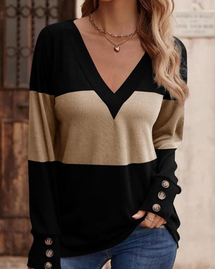 Women's Colorblock Print Button Decor Drop Shoulder Tee