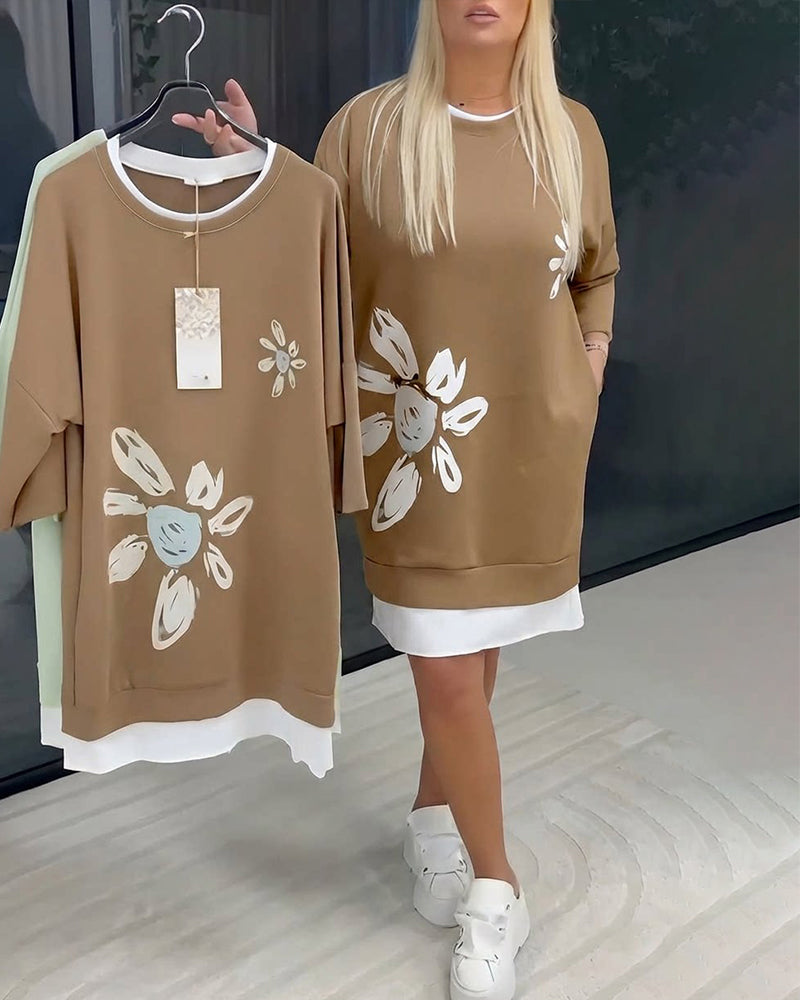 Crew Neck Printed Patchwork Sweatshirt Dress