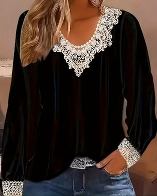 V-Neck Lace Patchwork Loose Blouse