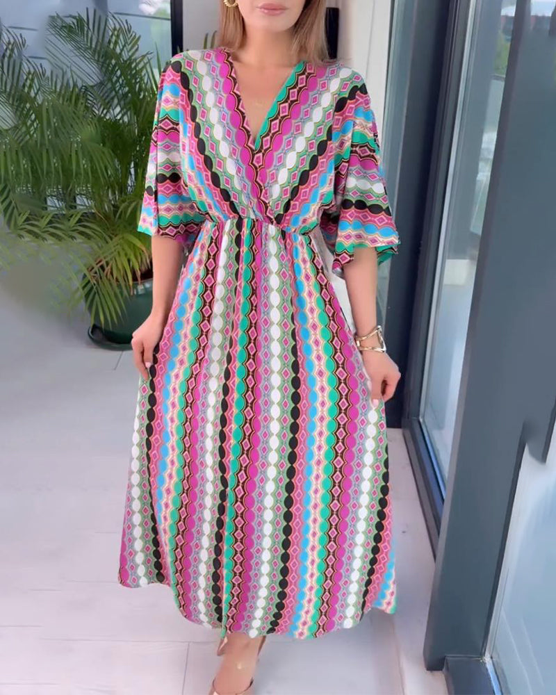 Colorful patchwork printed V-neck three-quarter sleeve dress
