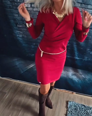 V-Neck Long-Sleeved Fashion Dress