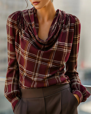 Plaid Long-Sleeved Collared Top