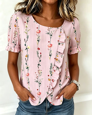 Ruffle Floral Print Puff Sleeve Blouse