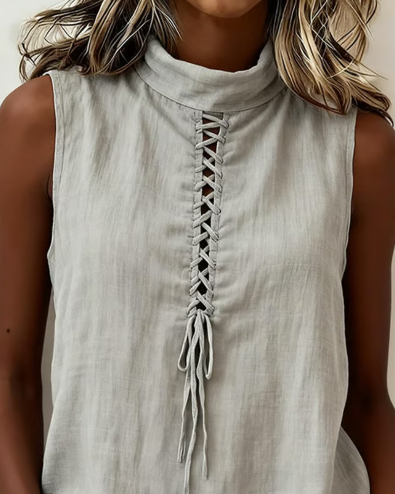 Mock Neck Tie Sleeveless Tank Top