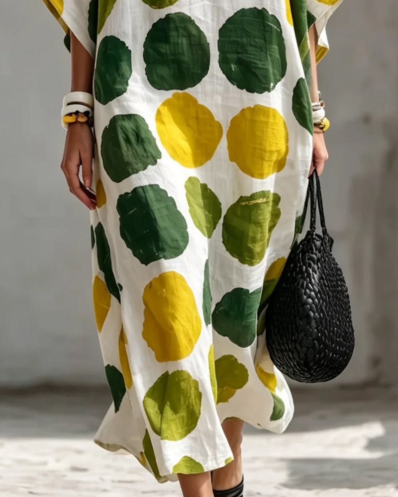 Small V-Neck Colorful Polka Dot Loose Dress