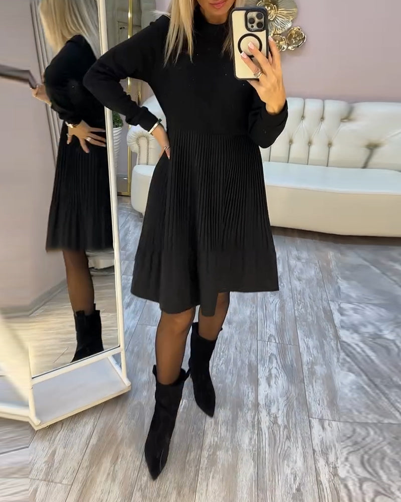 Long-Sleeved Rhinestone Pleated Dress