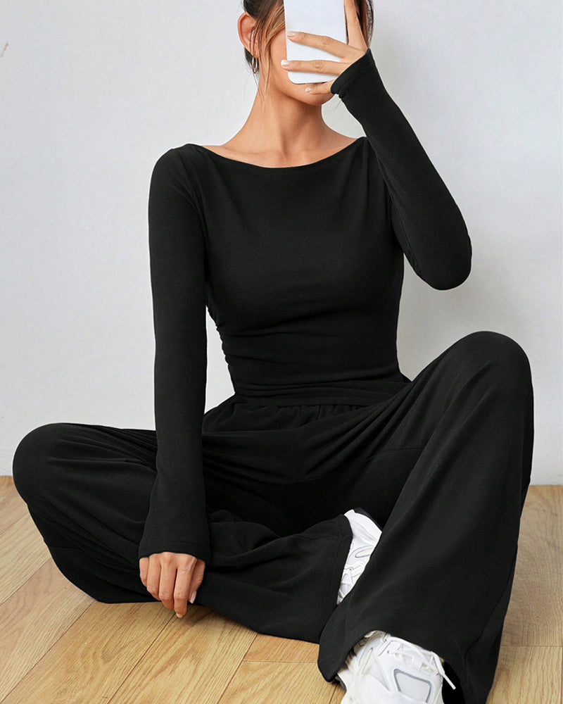 Two-piece set - solid color top and wide-leg pants