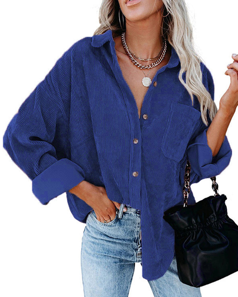 Solid Color Corduroy Pocket Blouse