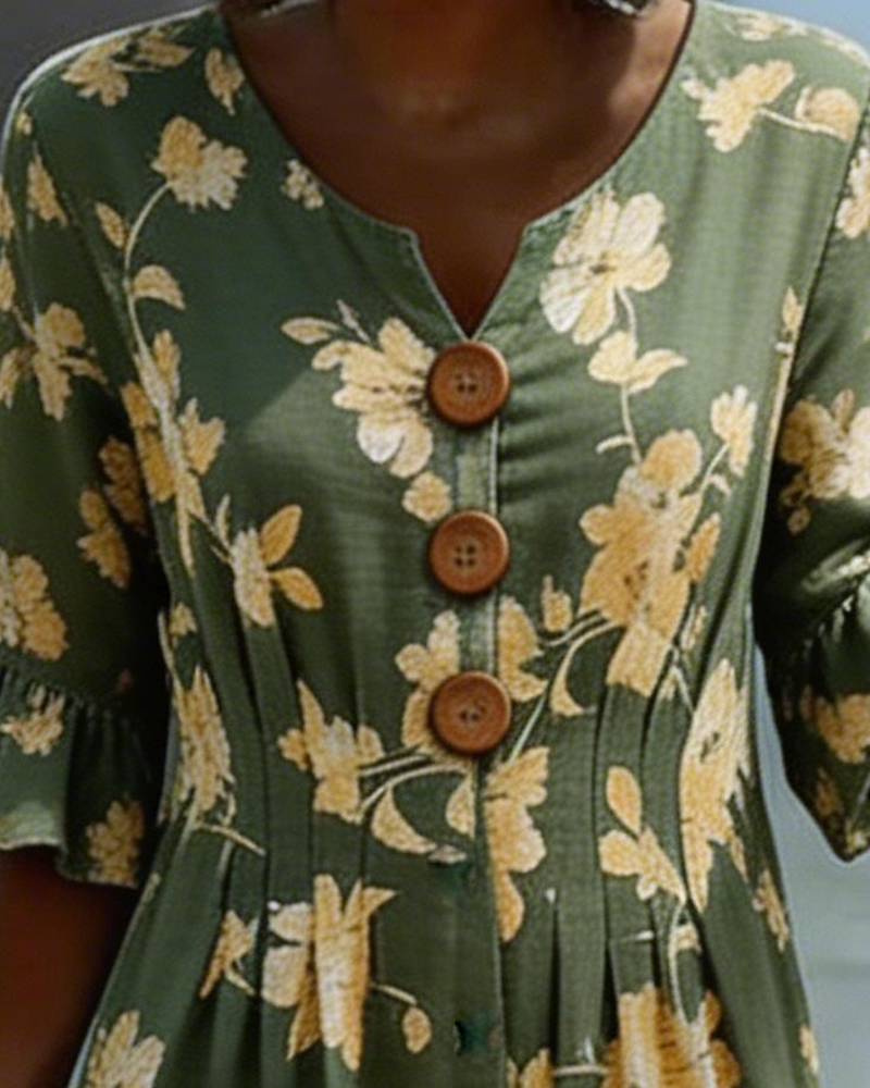 V-Neck Button-Down Floral Dress