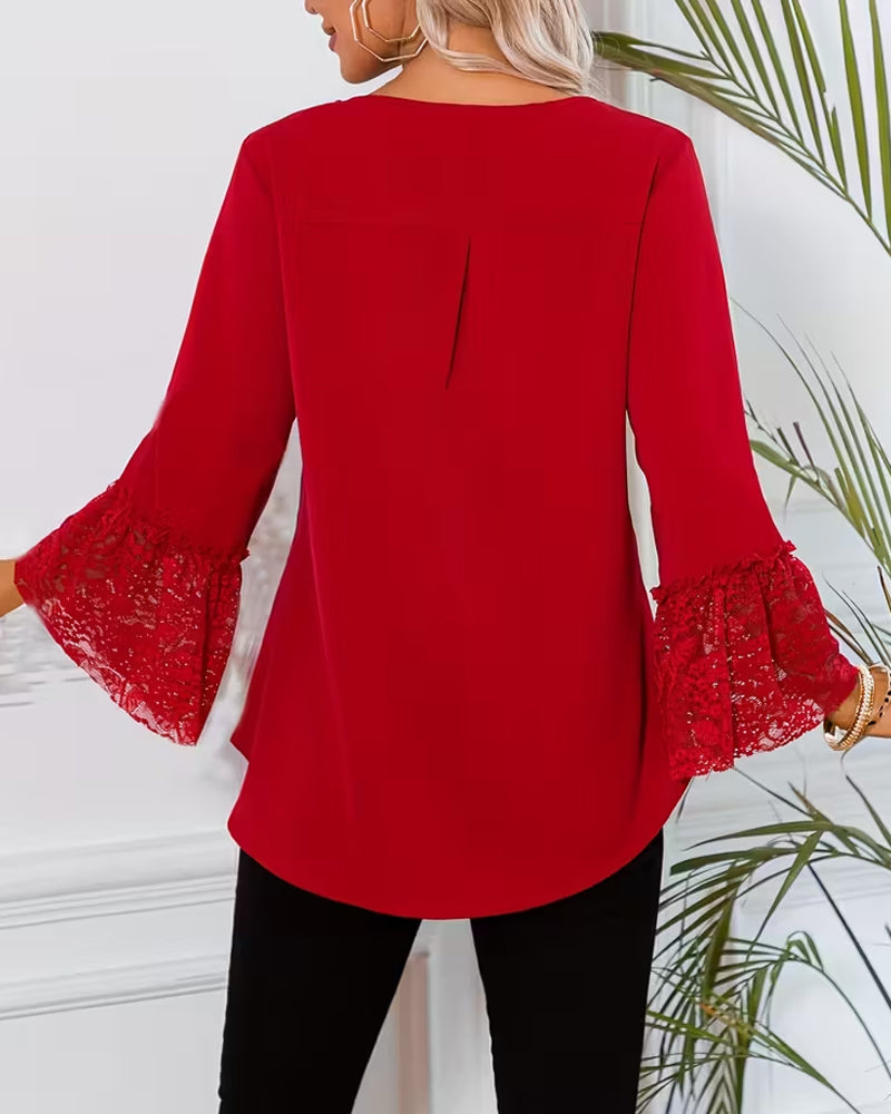 Lace Bell Sleeve Crew Neck Blouse