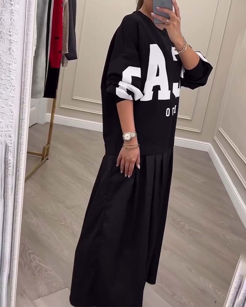 Lettering Casual Sweatshirt Pleated Patchwork Dress