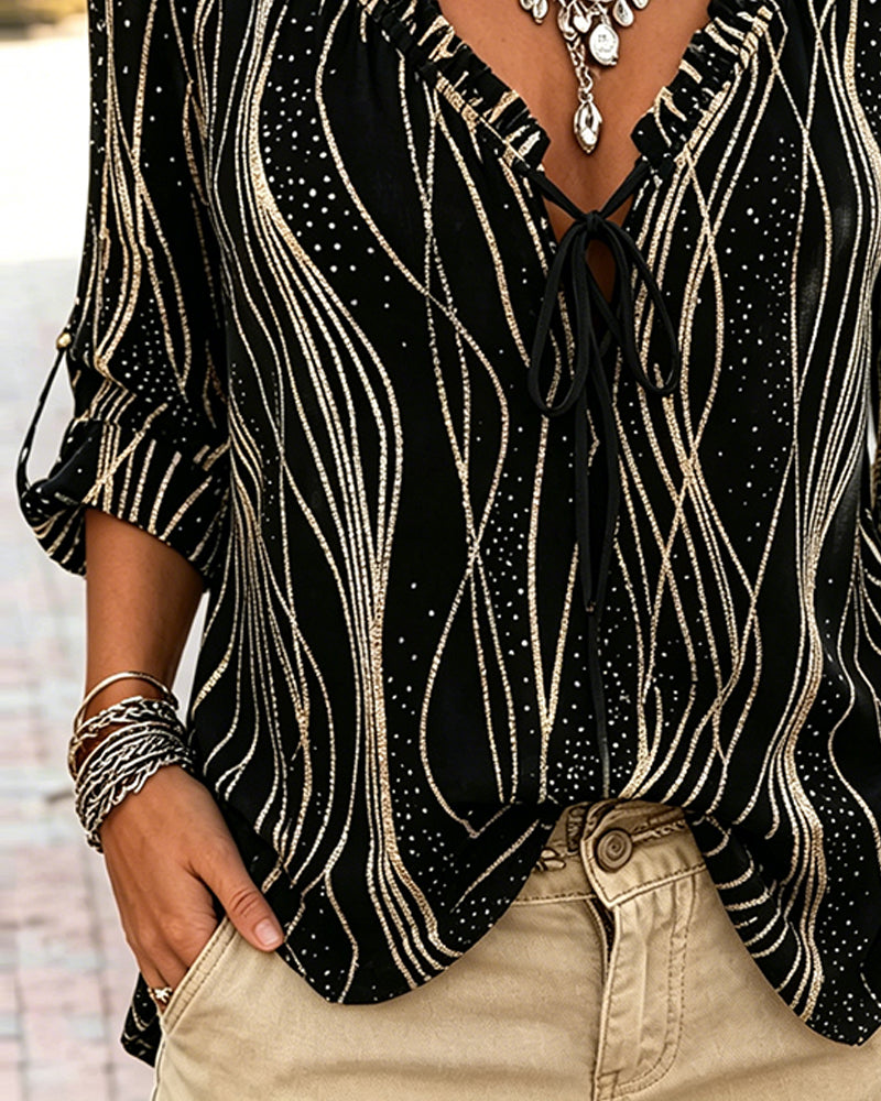 Wave Ruffle Trim V-Neck Tie Blouse